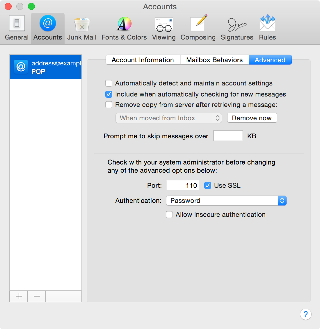 Apple Mail POP verification advanced settings screenshot