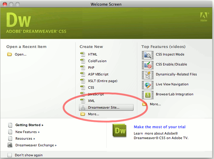 Dreamweaver welcome screen