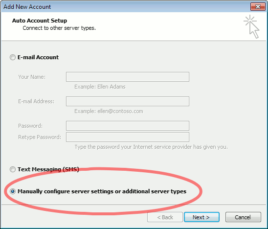 Outlook 2010 manually configure new account