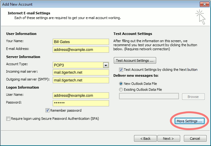 Outlook 2010 "Internet E-mail Settings" window for POP3