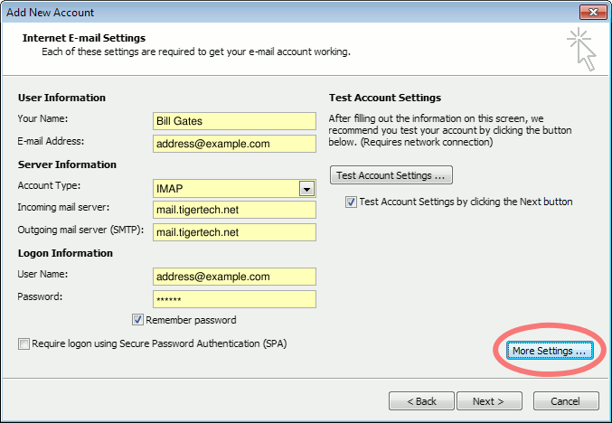 Outlook 2010 "Internet E-mail Settings" window for IMAP