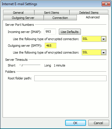 Outlook 2010 IMAP SSL port settings