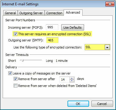 Outlook 2010 POP SSL port numbers