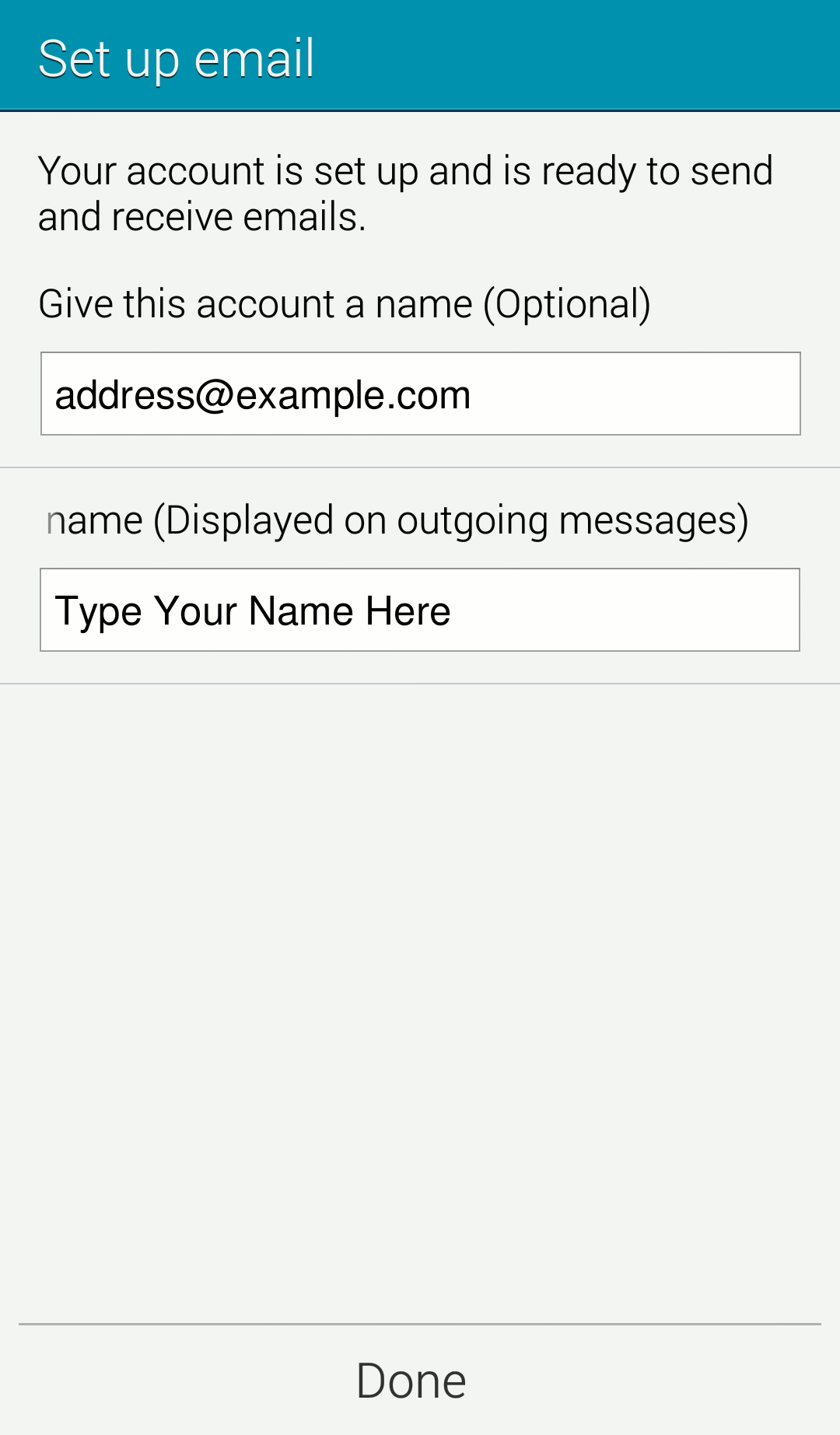 Android final mail setup screen
