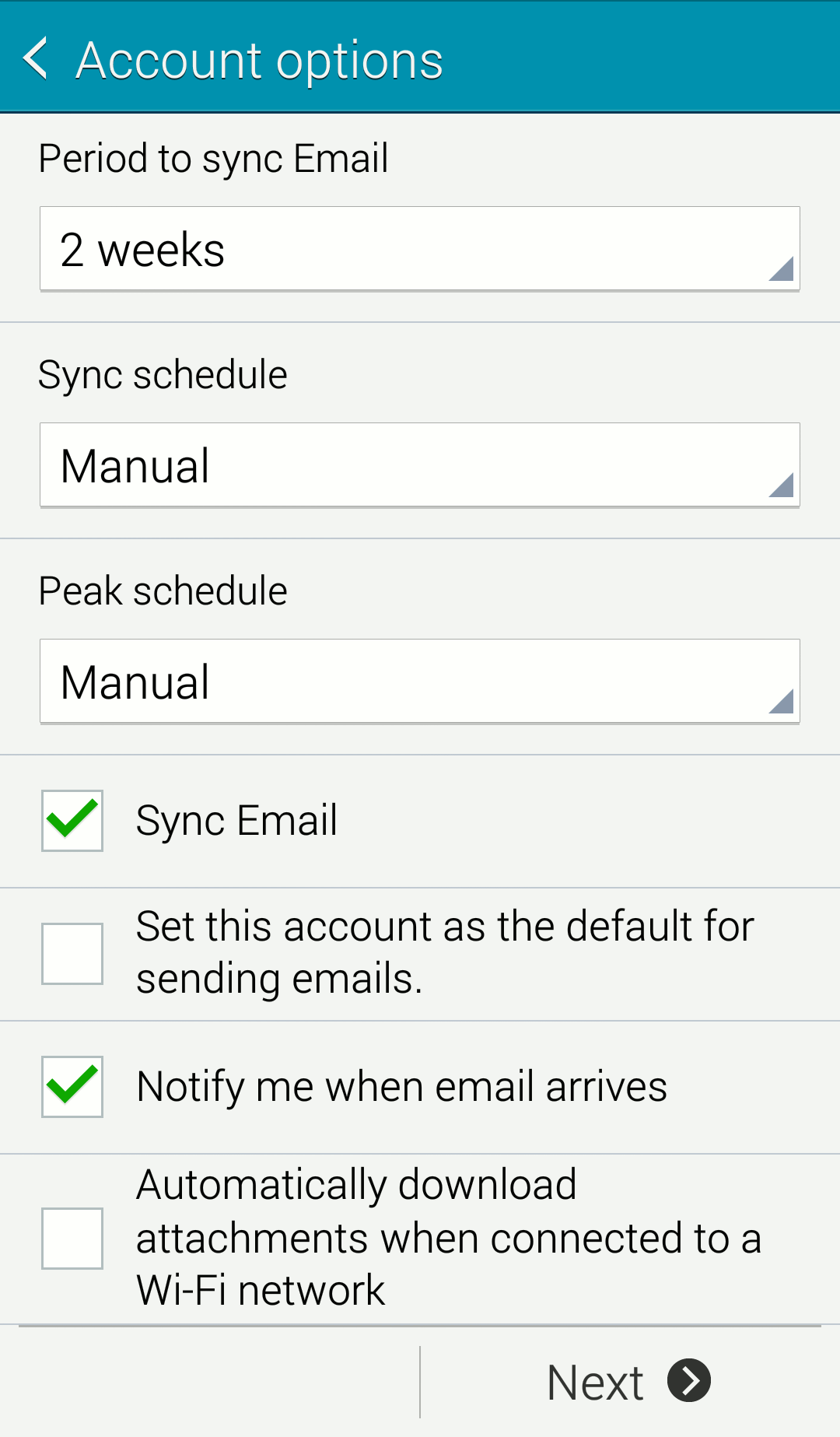 Android mail options screen