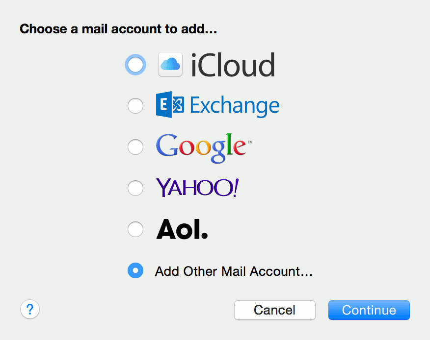Choose a mail account to add