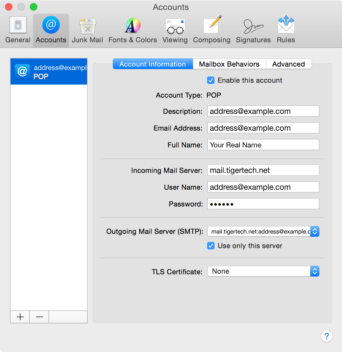 Apple Mail POP settings verification screen shot