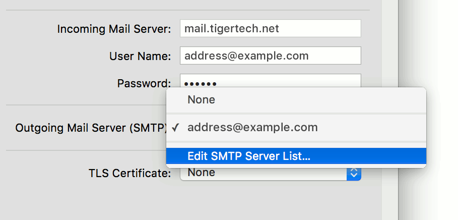 Edit SMTP Server List menu