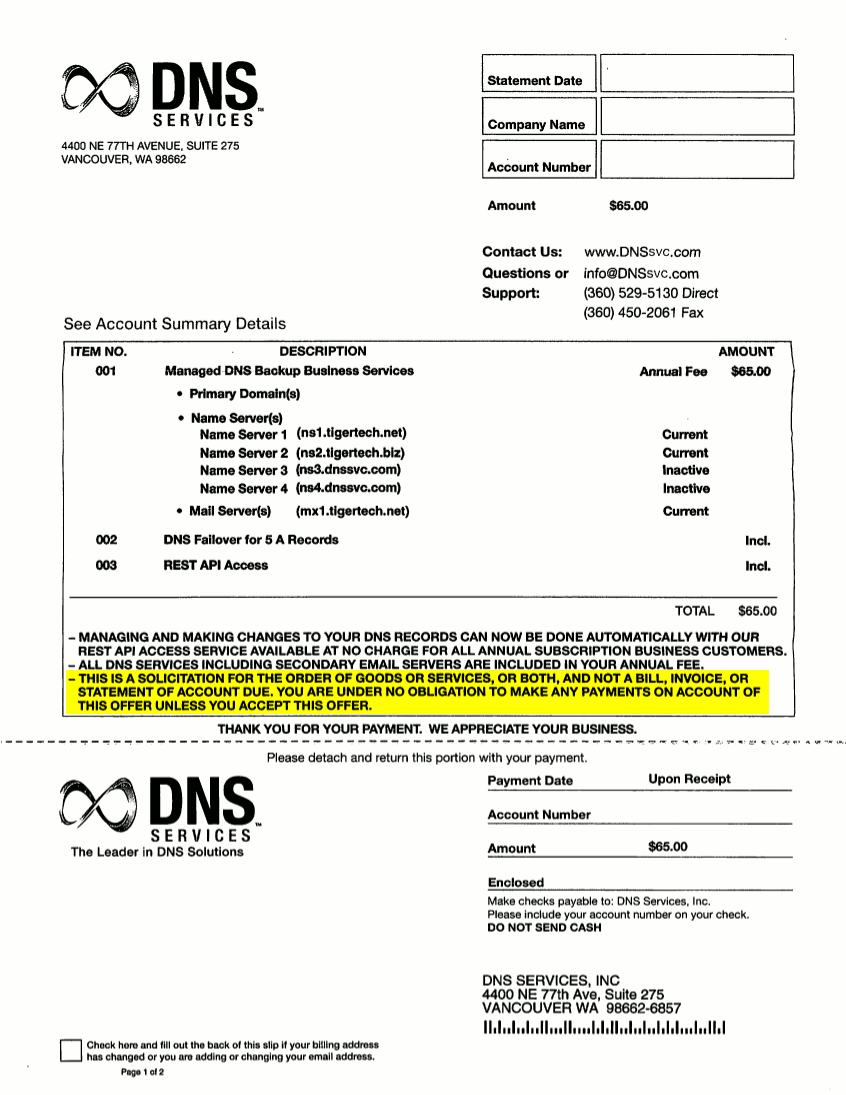 DNS Services Scam Invoice