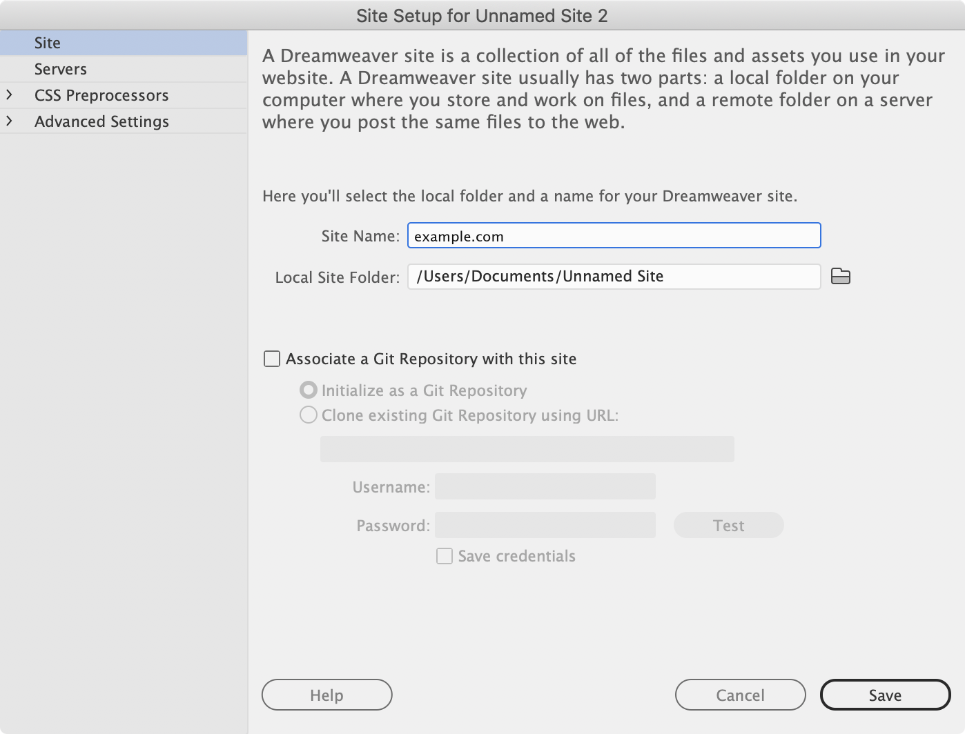 Dreamweaver site setup screen 1