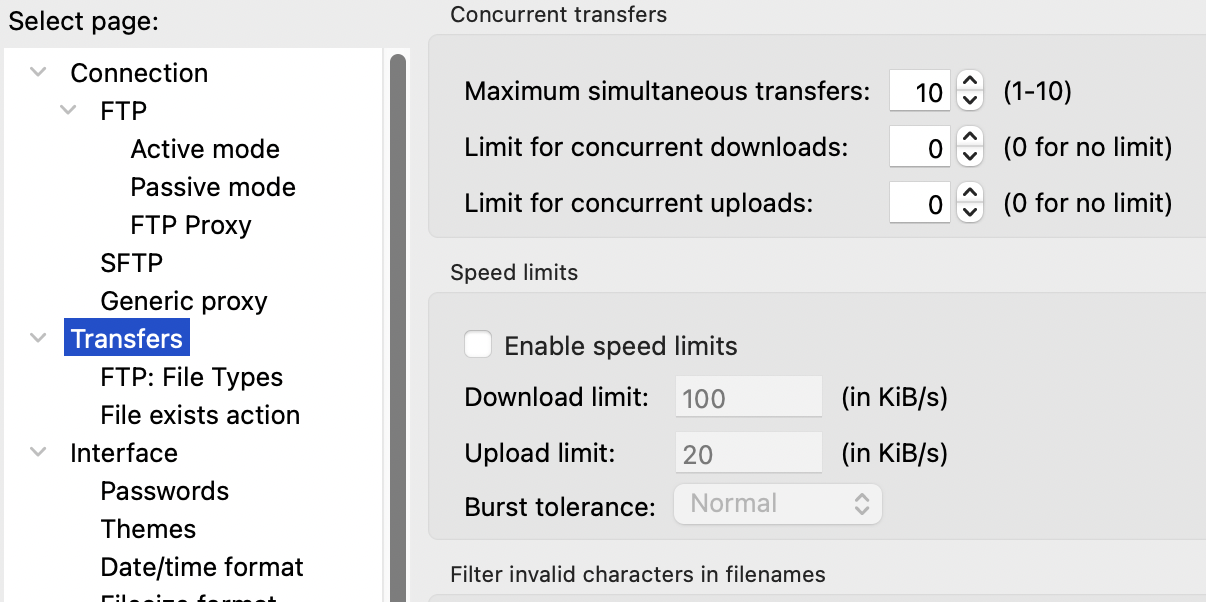 Maximum simultaneous transfers in FileZilla