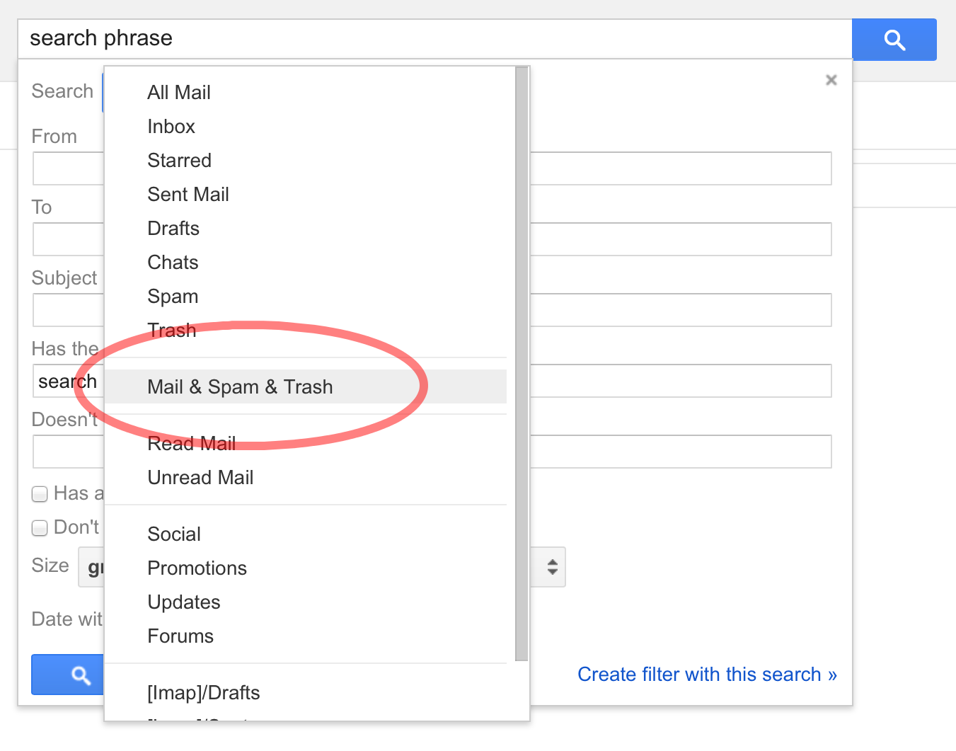 Gmail Spam Folder search