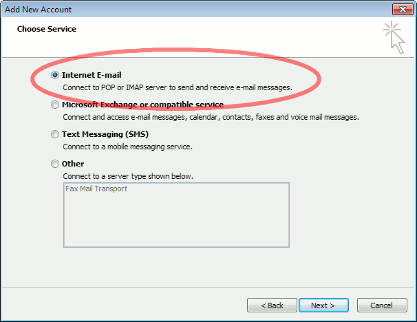 Outlook 2010 "Internet E-mail" choice