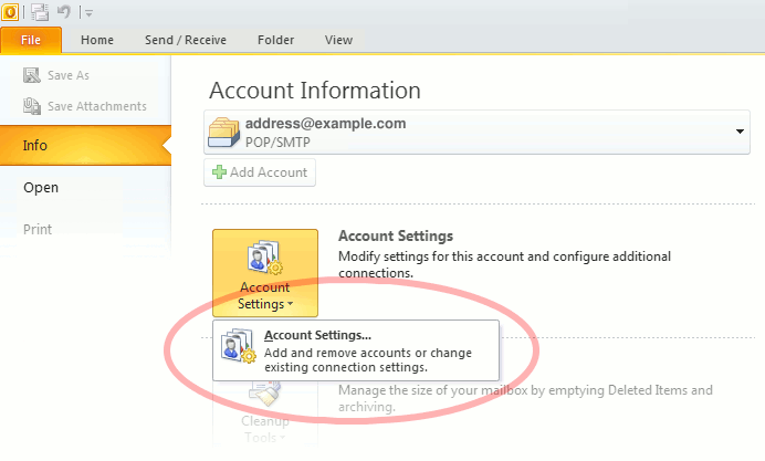 Outlook 2010 "Account Settings"