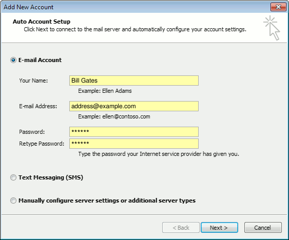 Outlook 2010 "Auto Account Setup" window