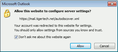 Outlook 2010 autodiscover confirmation