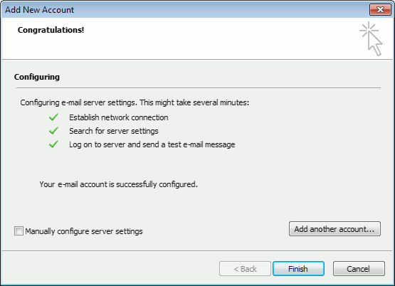 Outlook 2010 autodiscover "Congratulations" screen