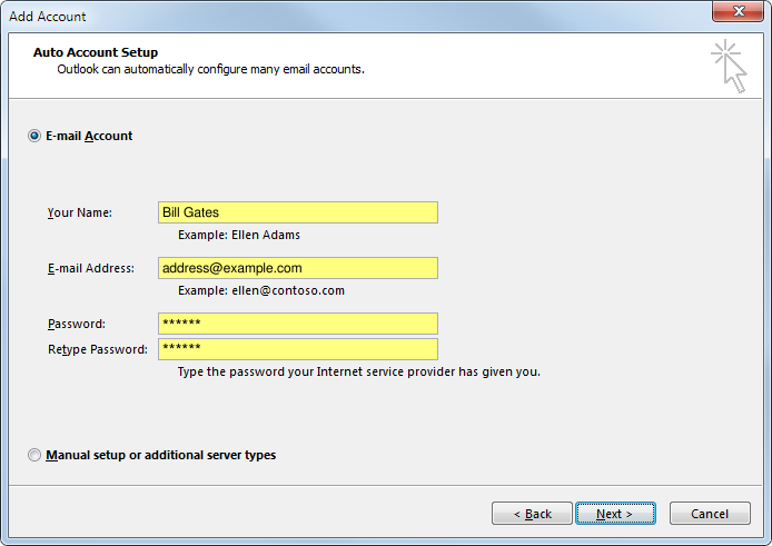 Outlook 2013 "Auto Account Setup" window