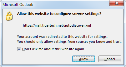 Outlook 2013 autodiscover confirmation