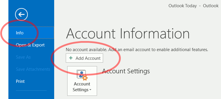 Outlook 2016 Add Account button