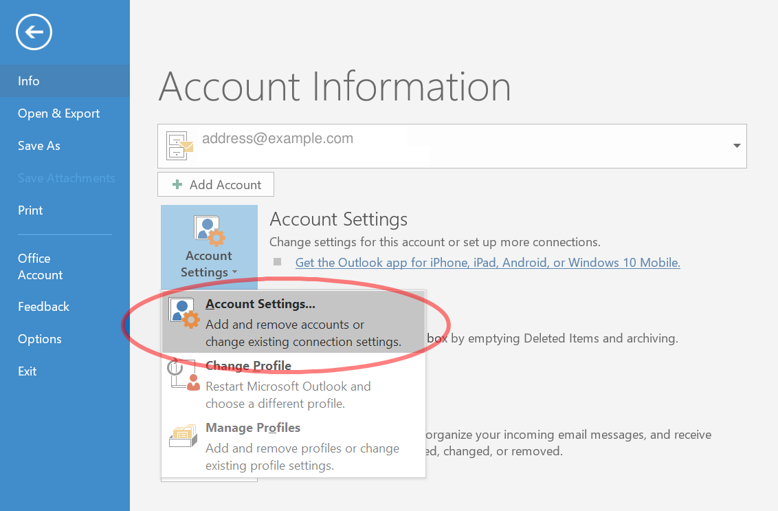 Outlook 2016 Account Information