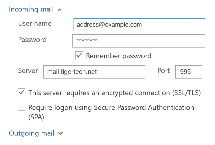 Outlook incoming settings