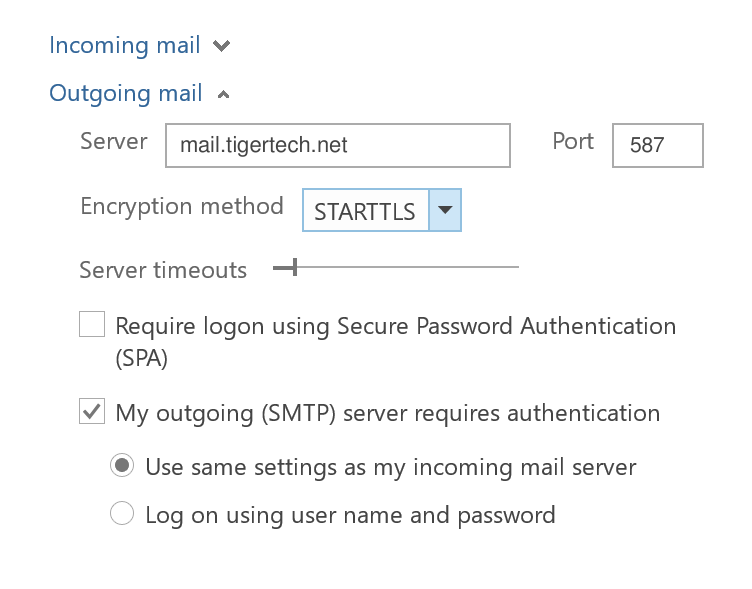 Outlook outgoing settings