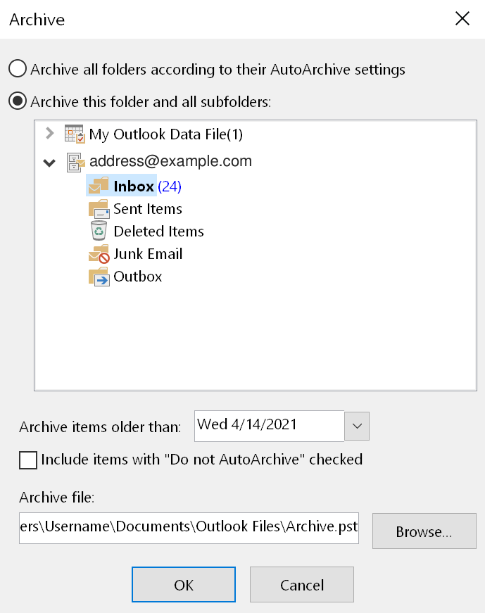 Outlook archive options
