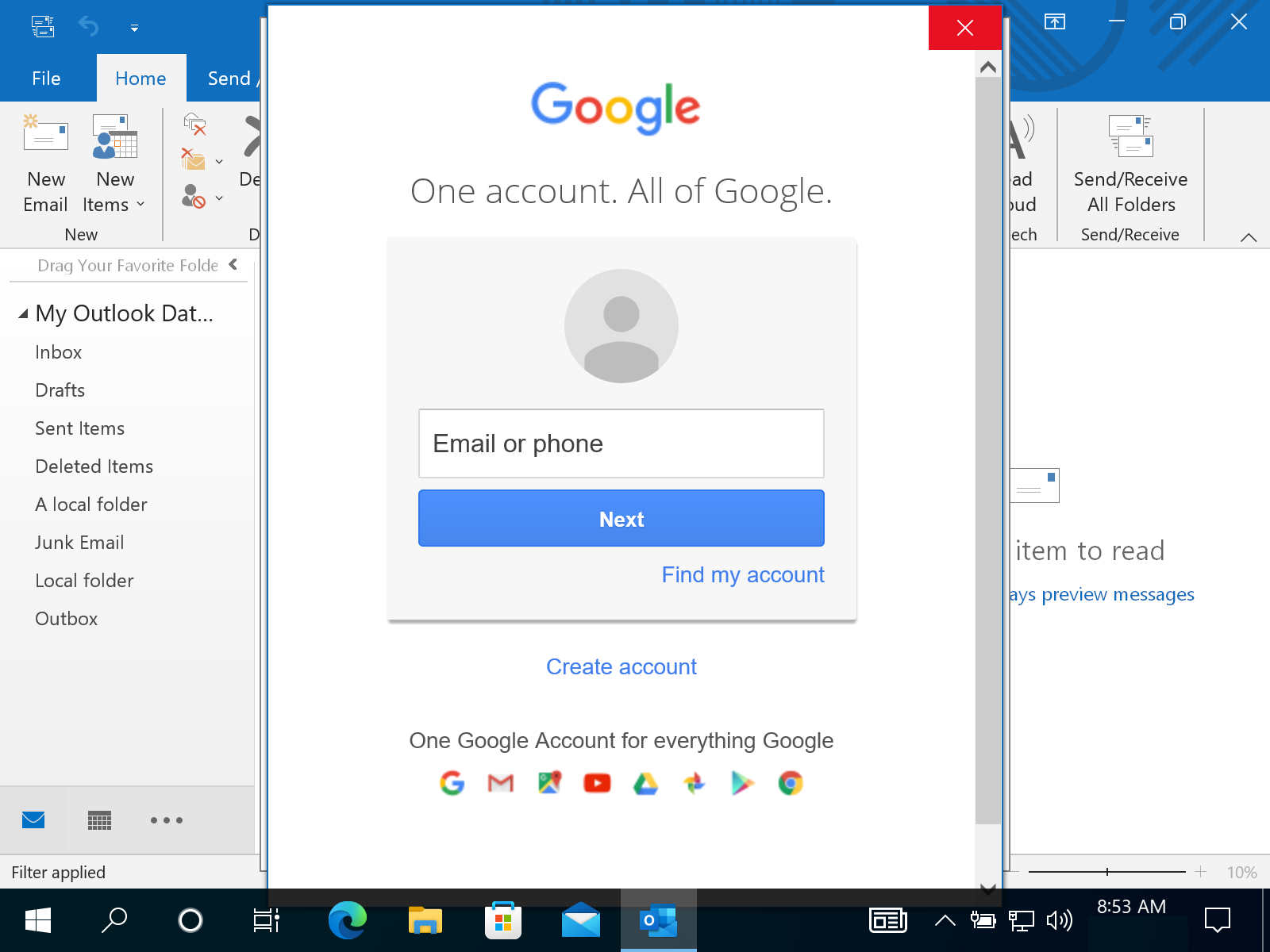 Outlook asks you to sign in to Google