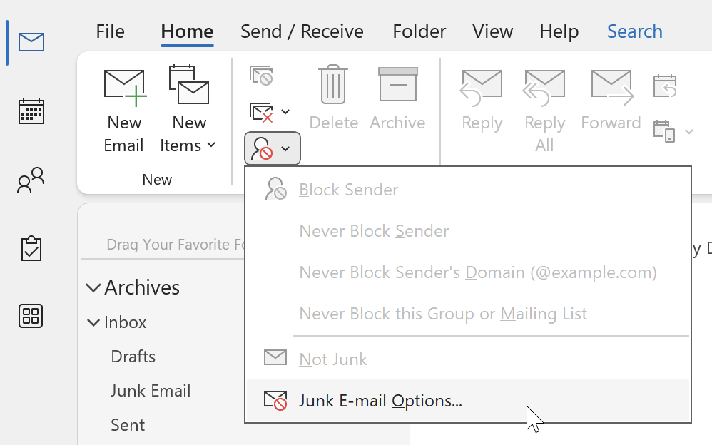 Outlook Junk Email screen