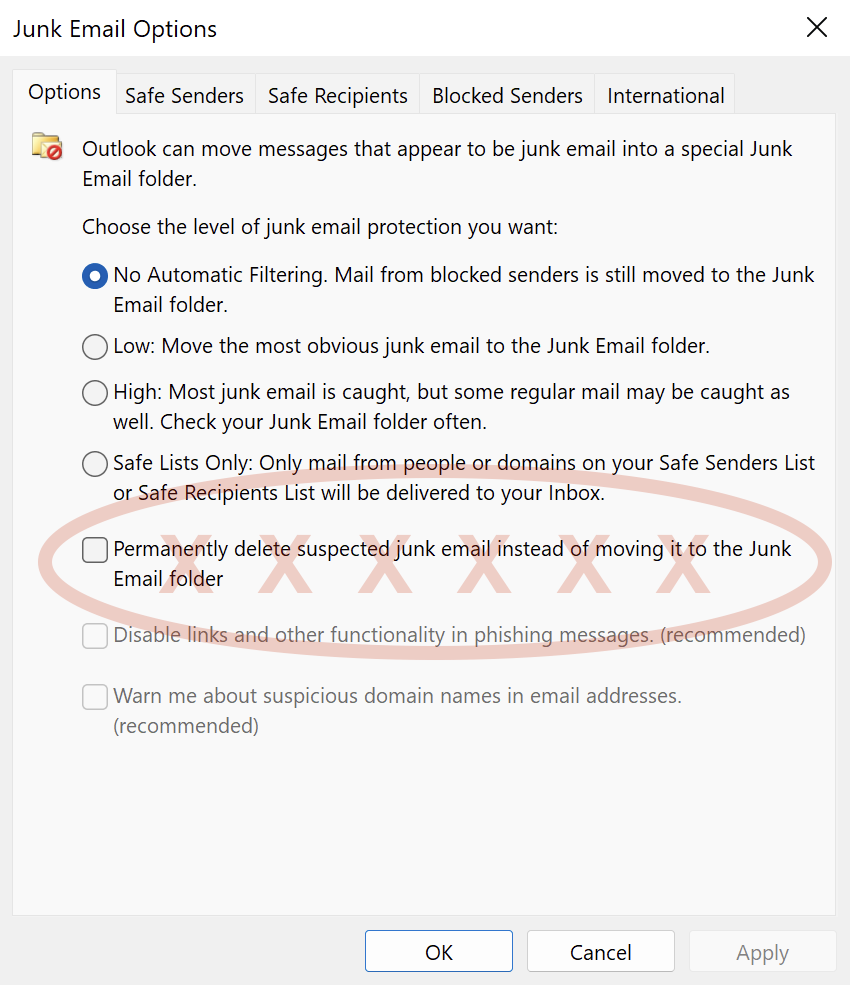 Outlook Junk Email screen