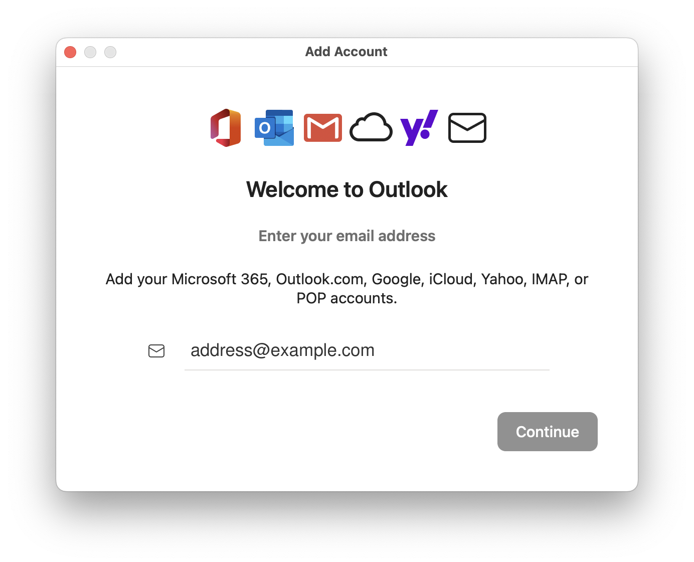 Outlook for Mac setup window