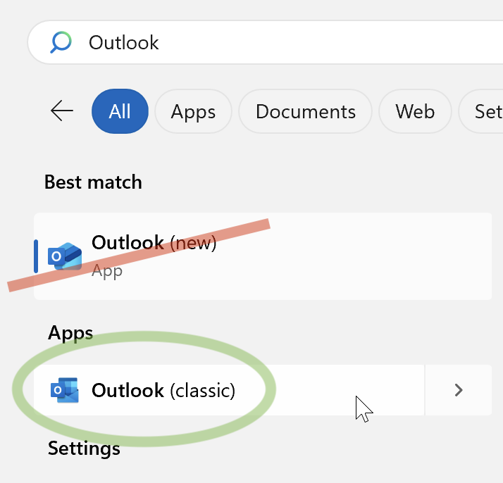 Outlook Start Menu item