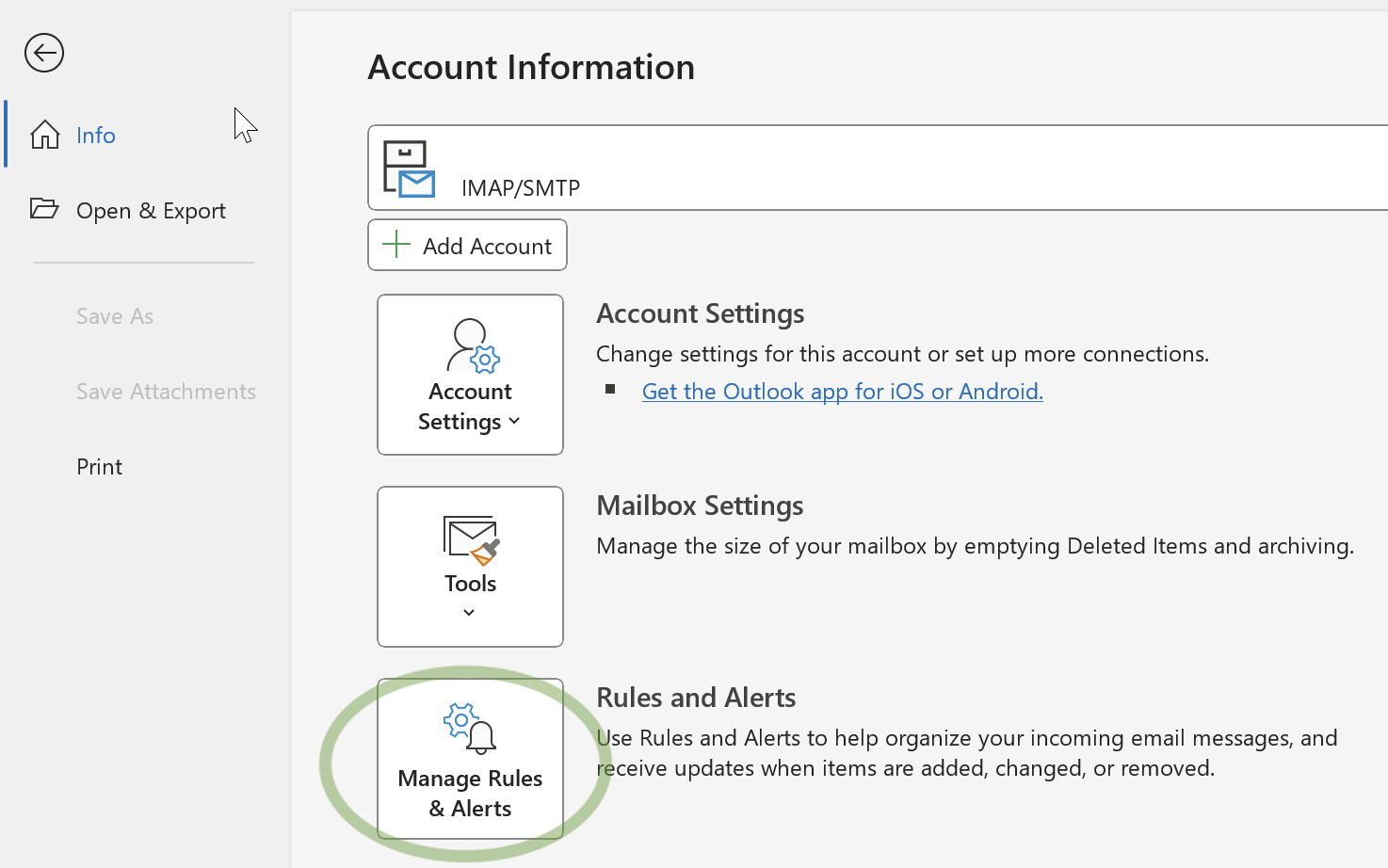 Getting the Outlook Rules screen