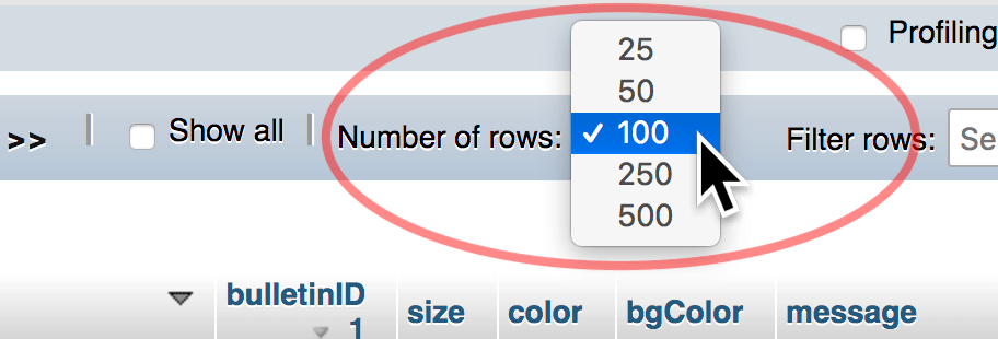 phpMyAdmin rows