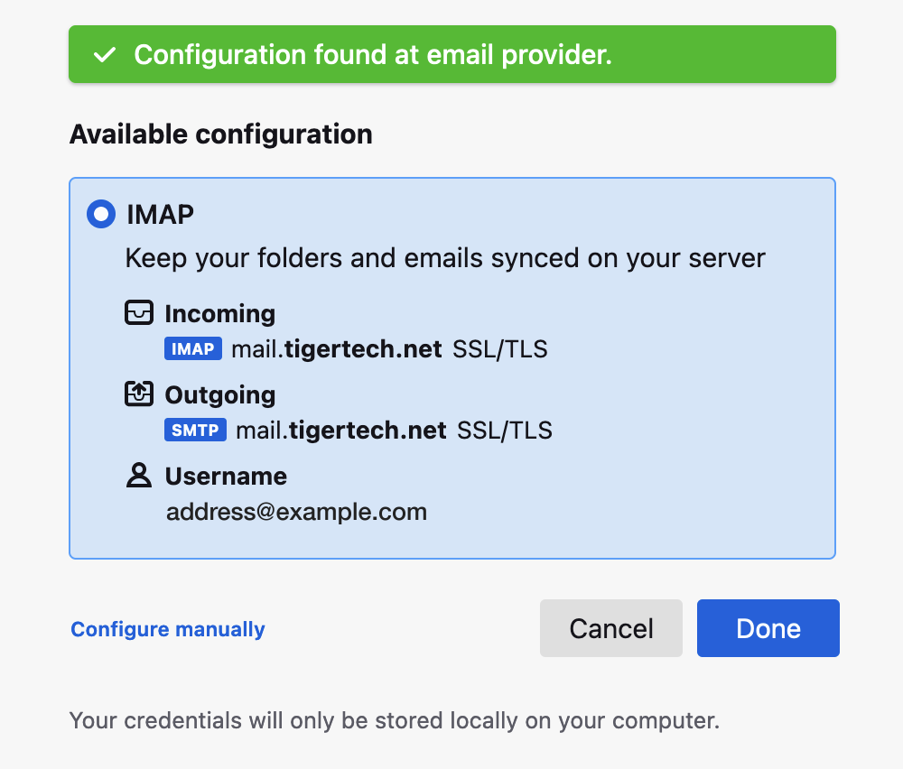 Configuration found at email provider
