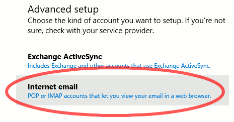 Windows 10 Mail advanced account type