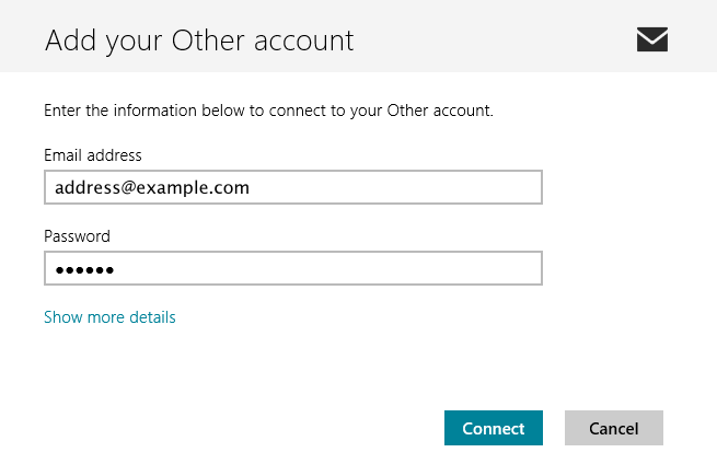 Windows 8 first Add Account screen