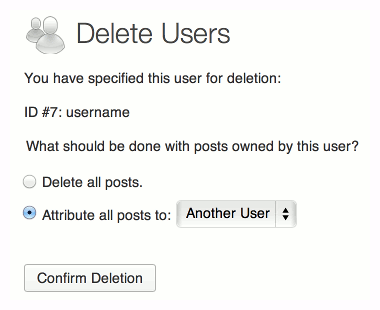 WordPress “Delete User” screen shot
