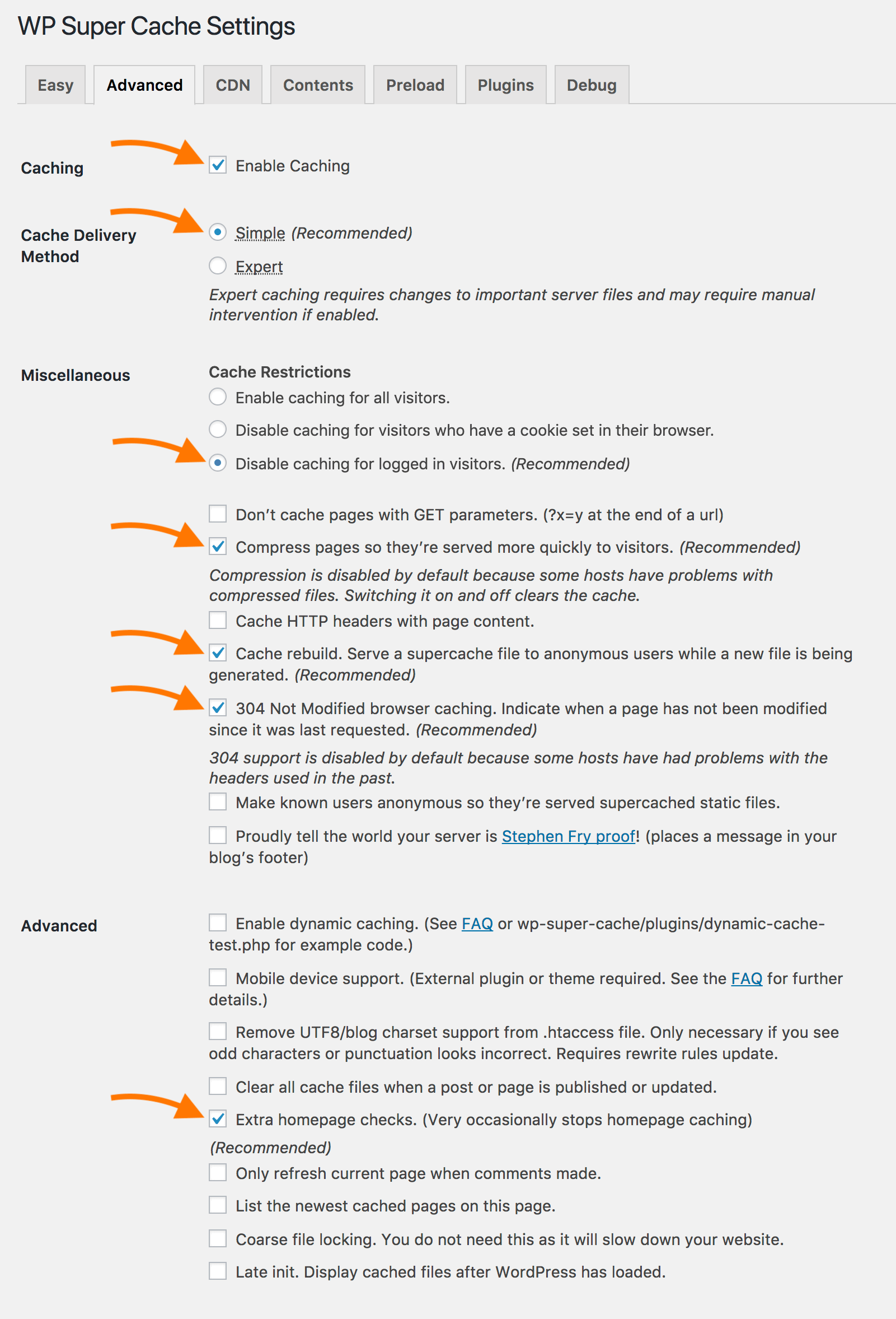 WP Super Cache settings